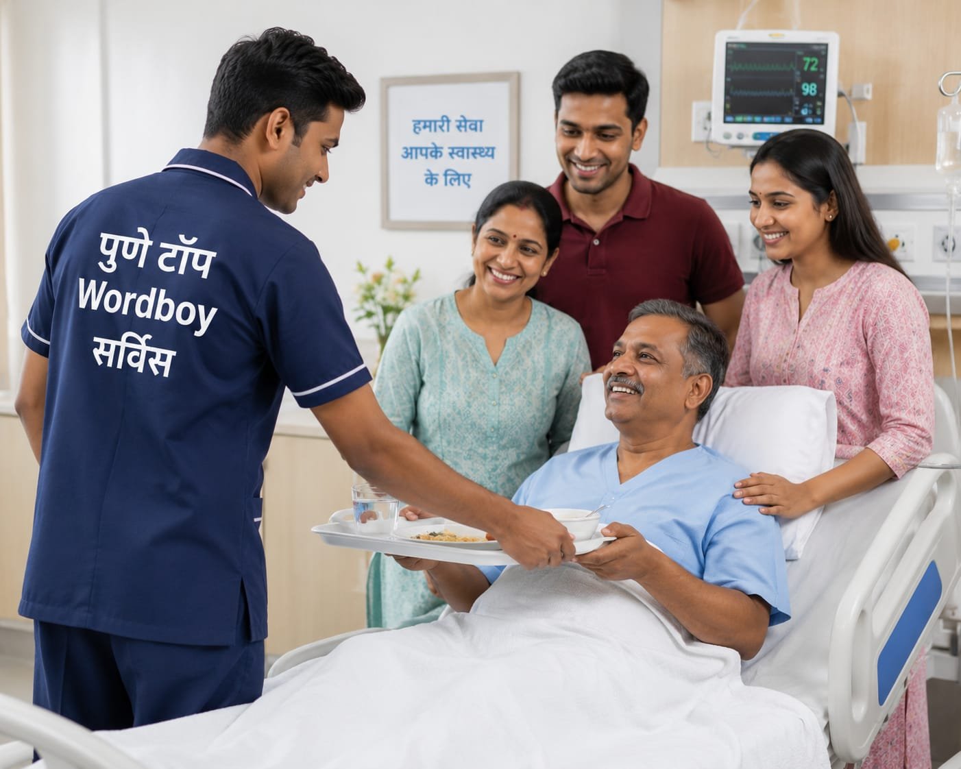 Ward boy providing patient-care support to a recovering senior